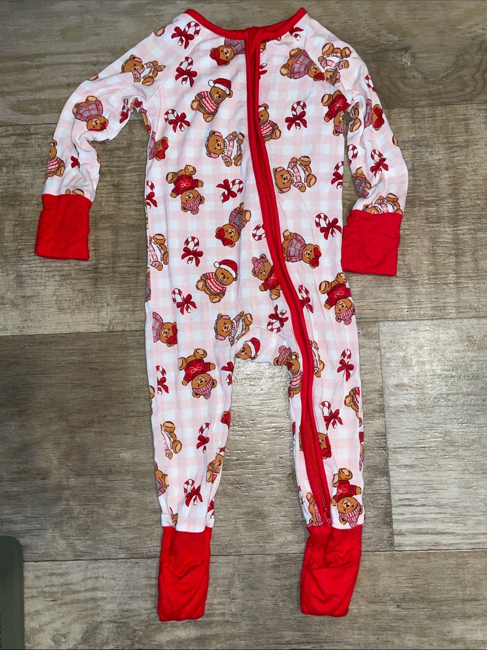 Caden Lane Christmas Teddy zip romper, bamboo, 6-12 months